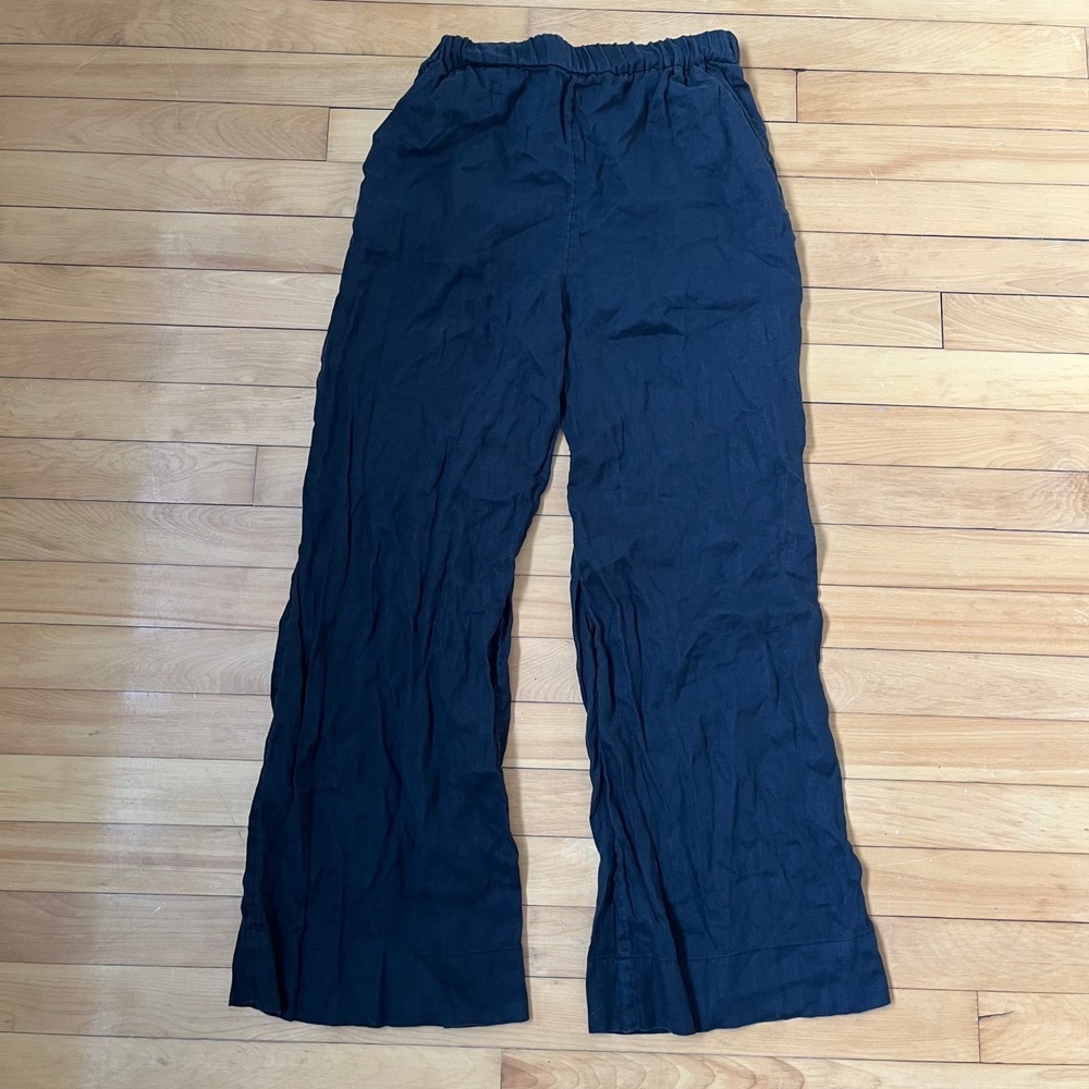 HM Black Linen Blend Wide Leg Elastic Waist Pants Size 4 High Rise Trousers